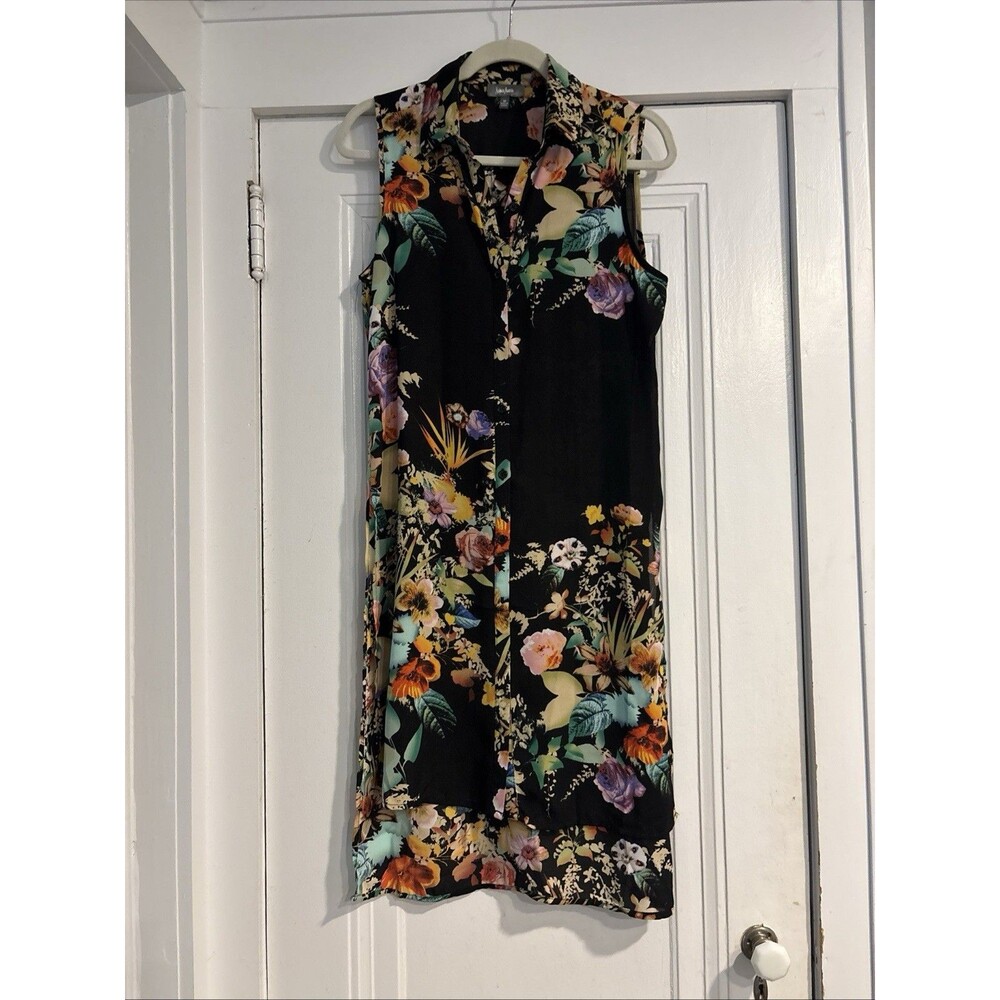 Neiman Marcus Black Floral Sleeveless High Low Button Down Tunic Shirt M - EUC